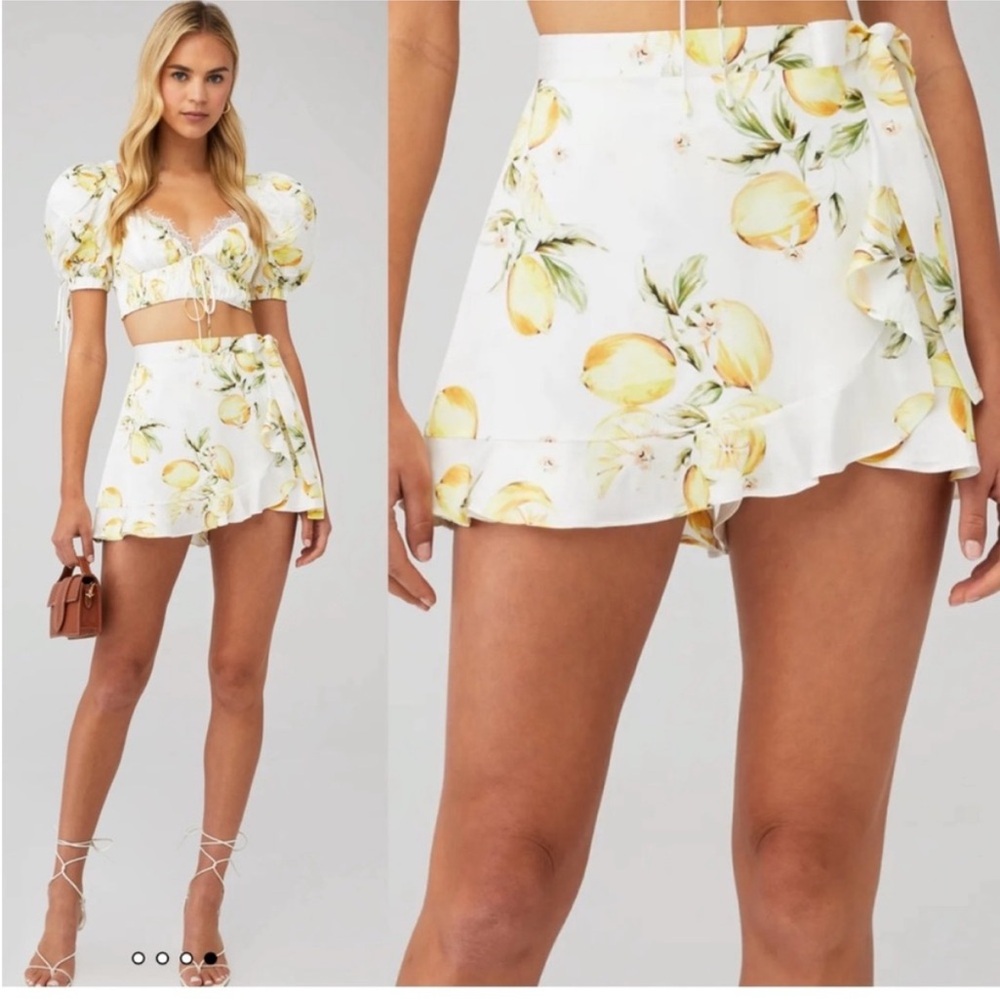 For Love & Lemons Natalia Skort White and Yellow Lemon Print Satin Wrap Ruffles